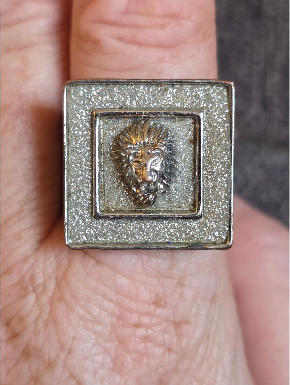 Vintage Men's Silver-Tone Textured Lion Head Signet Statement Ring Sz 9